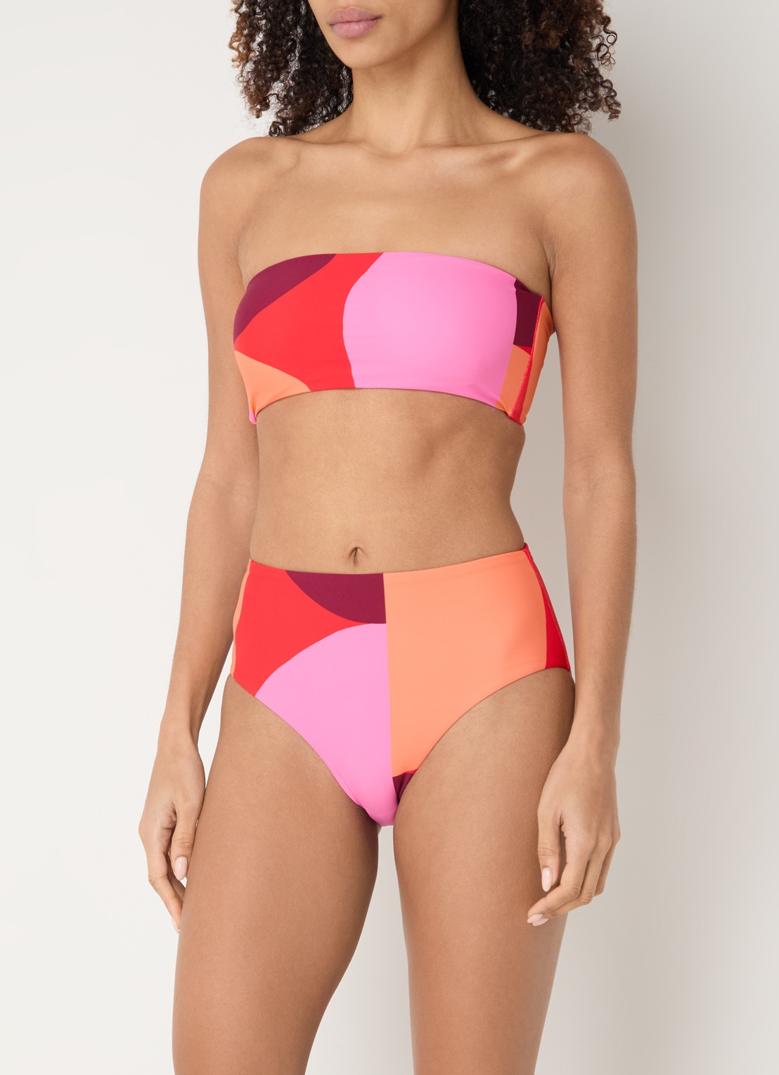 Seafolly Sorrento reversible bandeau bikinitop met print - voorkant 6 koraalroze
