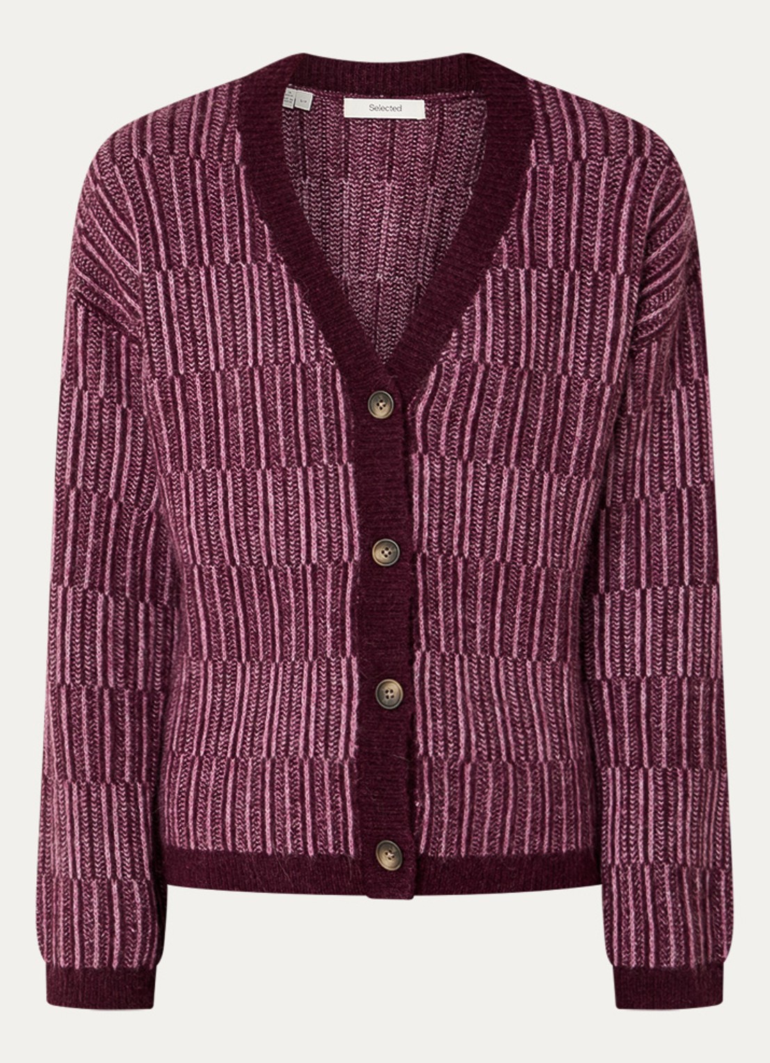 Selected Alva grofgebreid vest in alpaca wolblend met streepprint - voorkant 3 aubergine