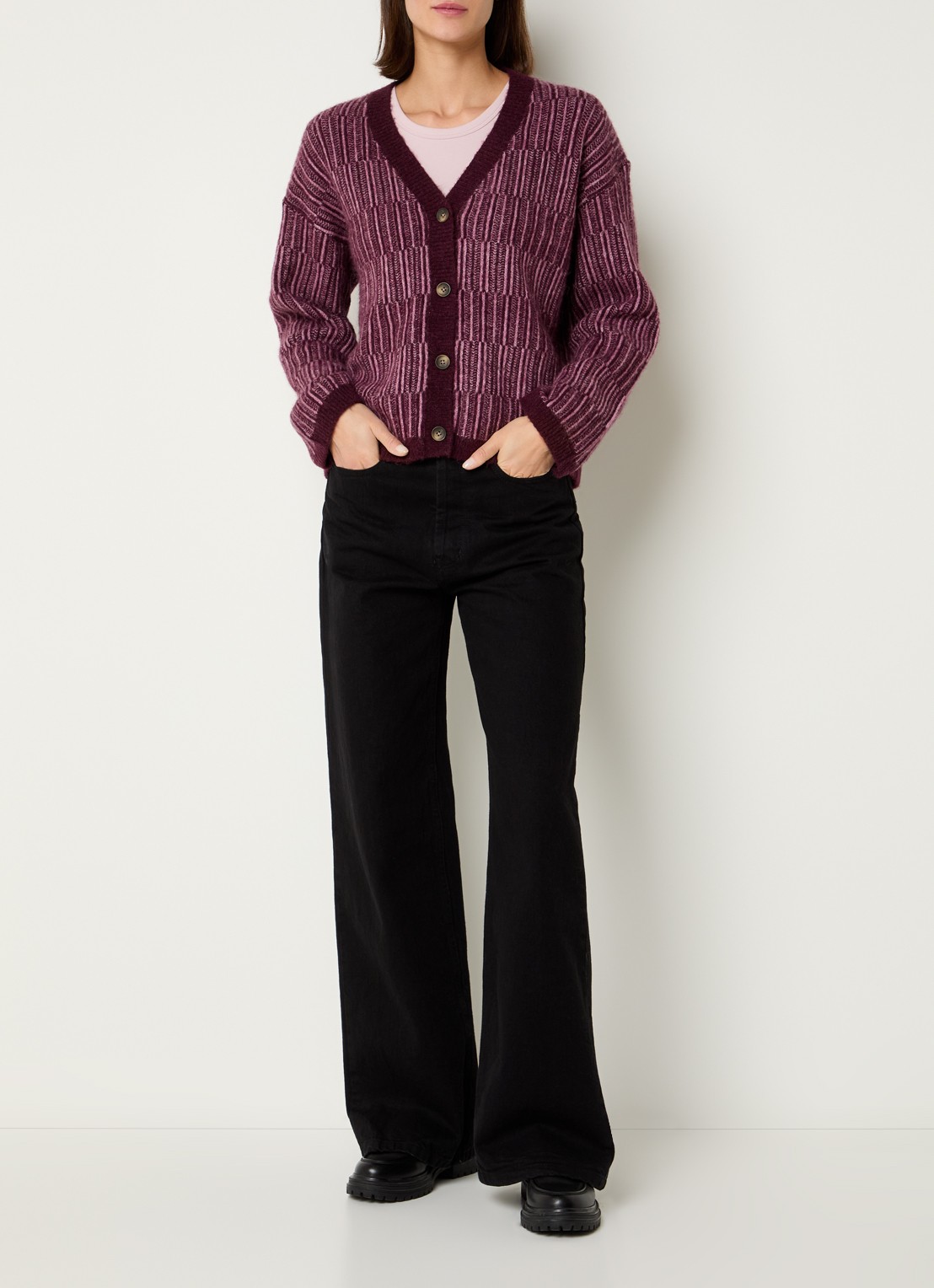 Selected Alva grofgebreid vest in alpaca wolblend met streepprint - voorkant 4 aubergine