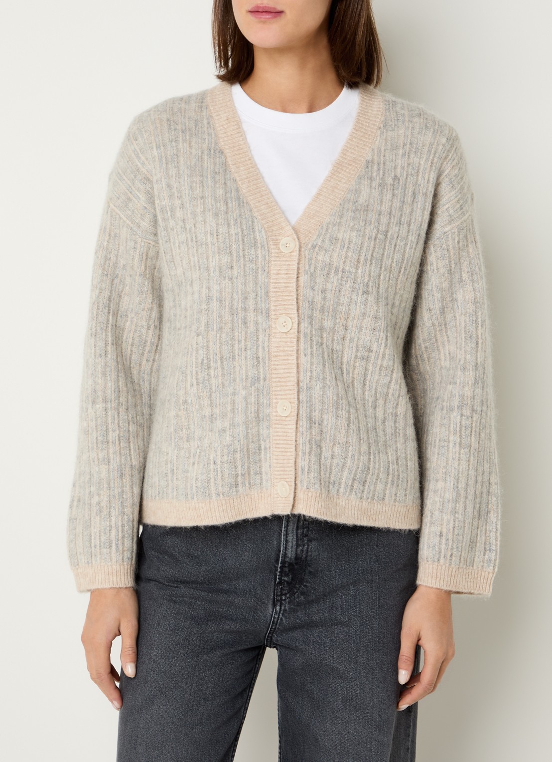 Selected Alva grofgebreid vest in alpaca wolblend met streepprint - detail 4 creme