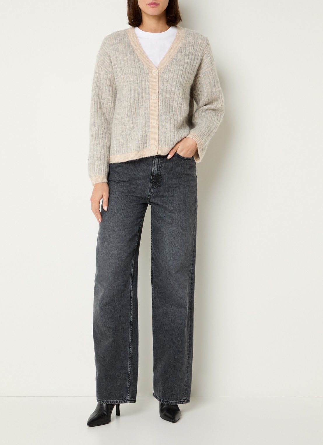 Selected Alva grofgebreid vest in alpaca wolblend met streepprint - voorkant 3 creme