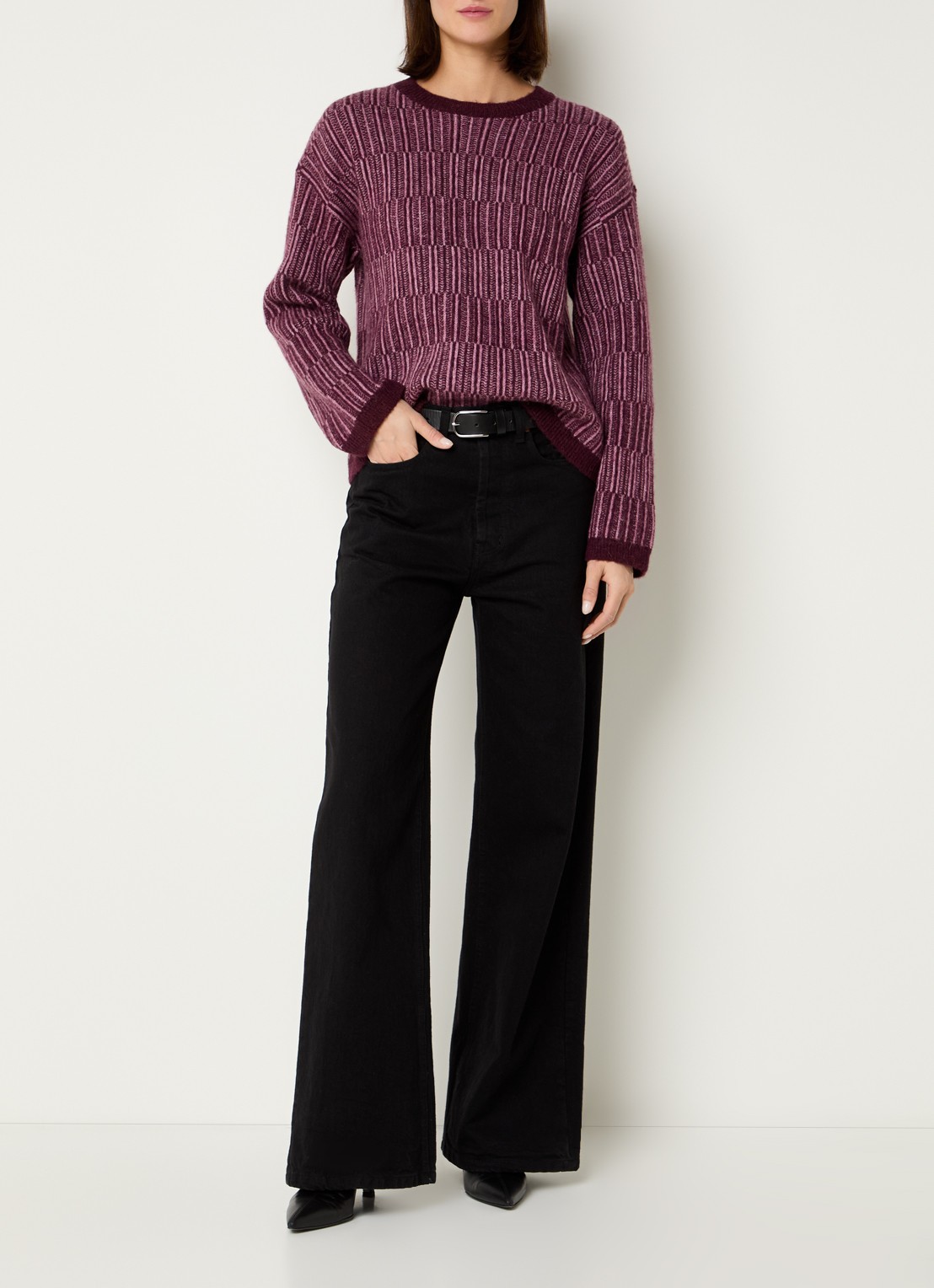 Selected Alva grofgebreide trui in alpaca wolblend met gemêleerd dessin - voorkant 3 aubergine