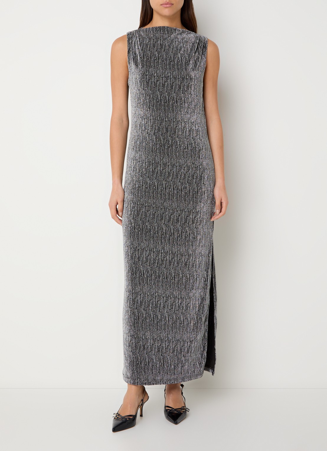 Selected Anita maxi jurk met lurex en split - detail 4 zilver