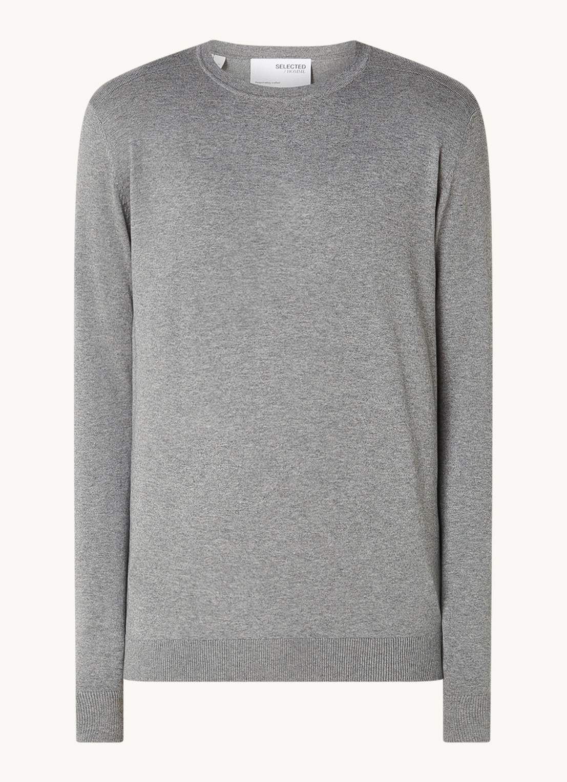 Selected Berg fijngebreide pullover met gemêleerd dessin - voorkant 3 grijsmele