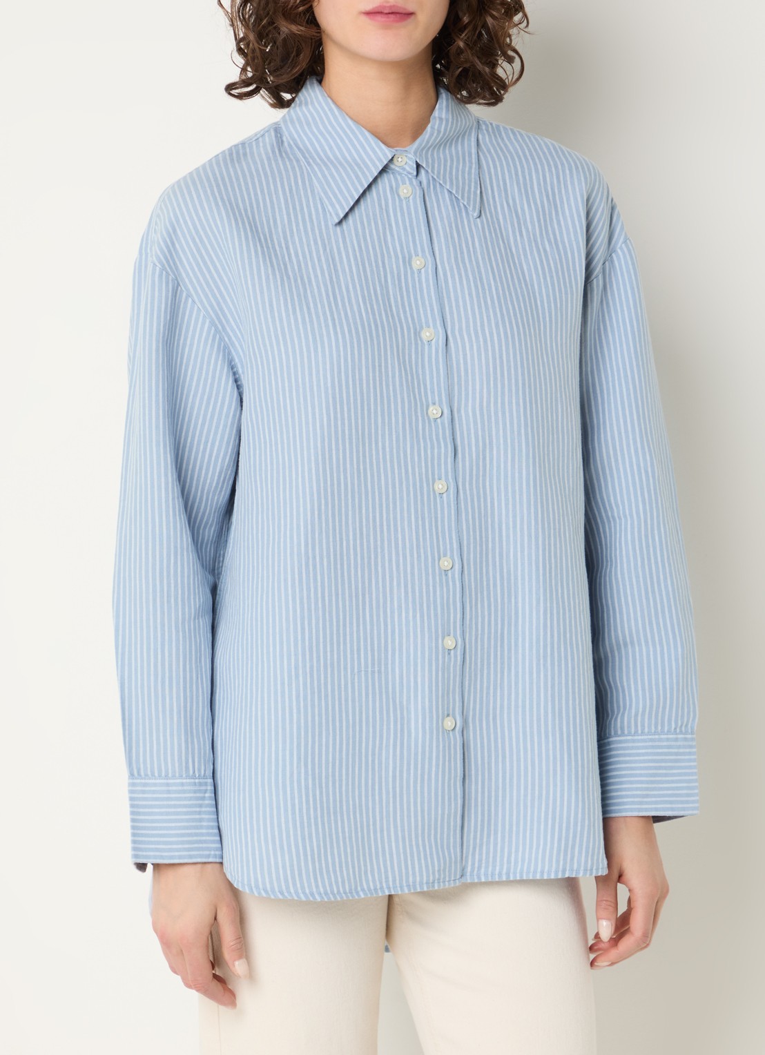 Selected Cleo oversized blouse in linnenblend met streepprint - detail lichtblauw