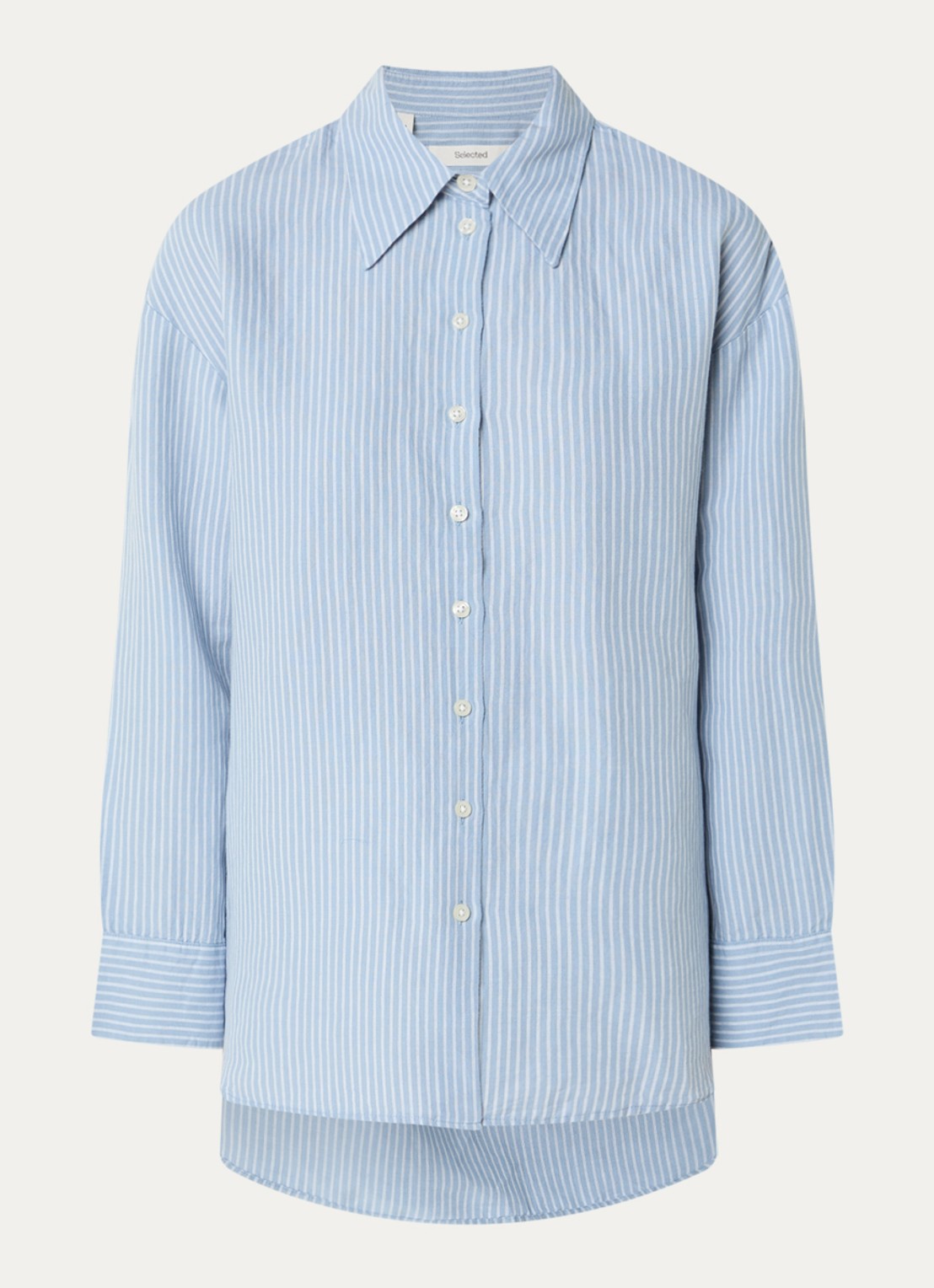 Selected Cleo oversized blouse in linnenblend met streepprint - voorkant 3 lichtblauw