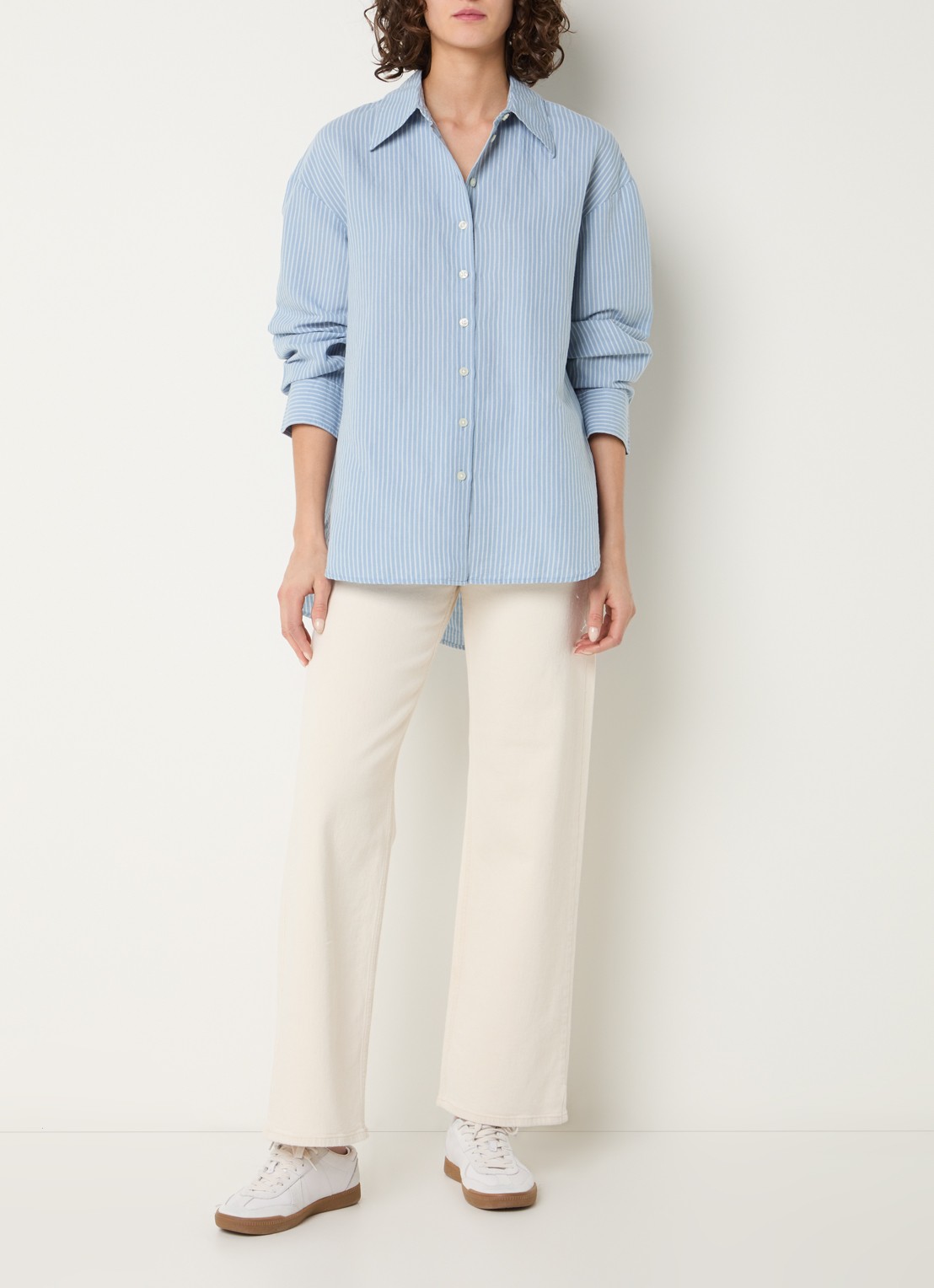 Selected Cleo oversized blouse in linnenblend met streepprint - voorkant 4 lichtblauw