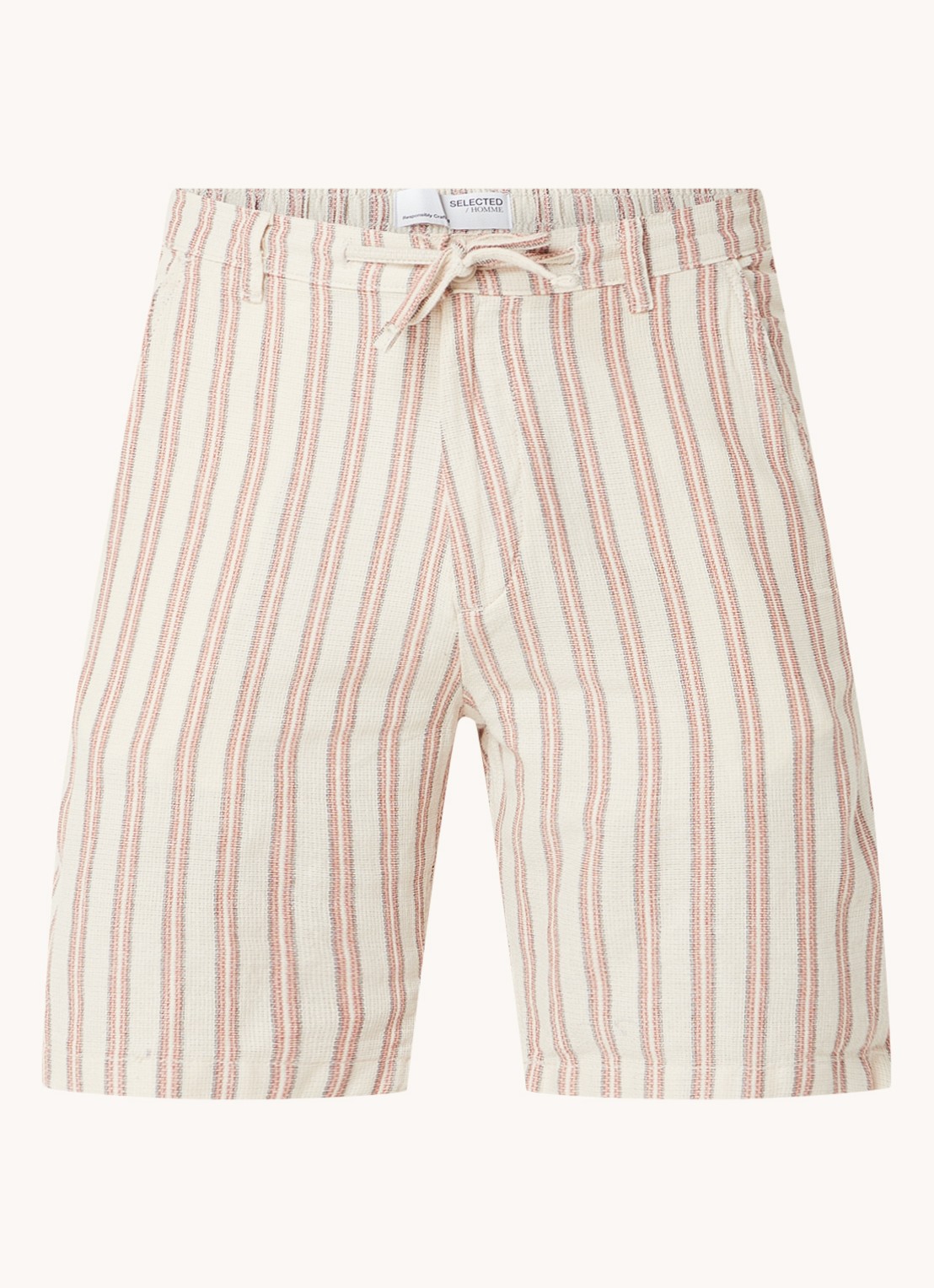 Selected Comfort Brody straight fit korte broek in  katoenblend met streepprint - voorkant 3 beige