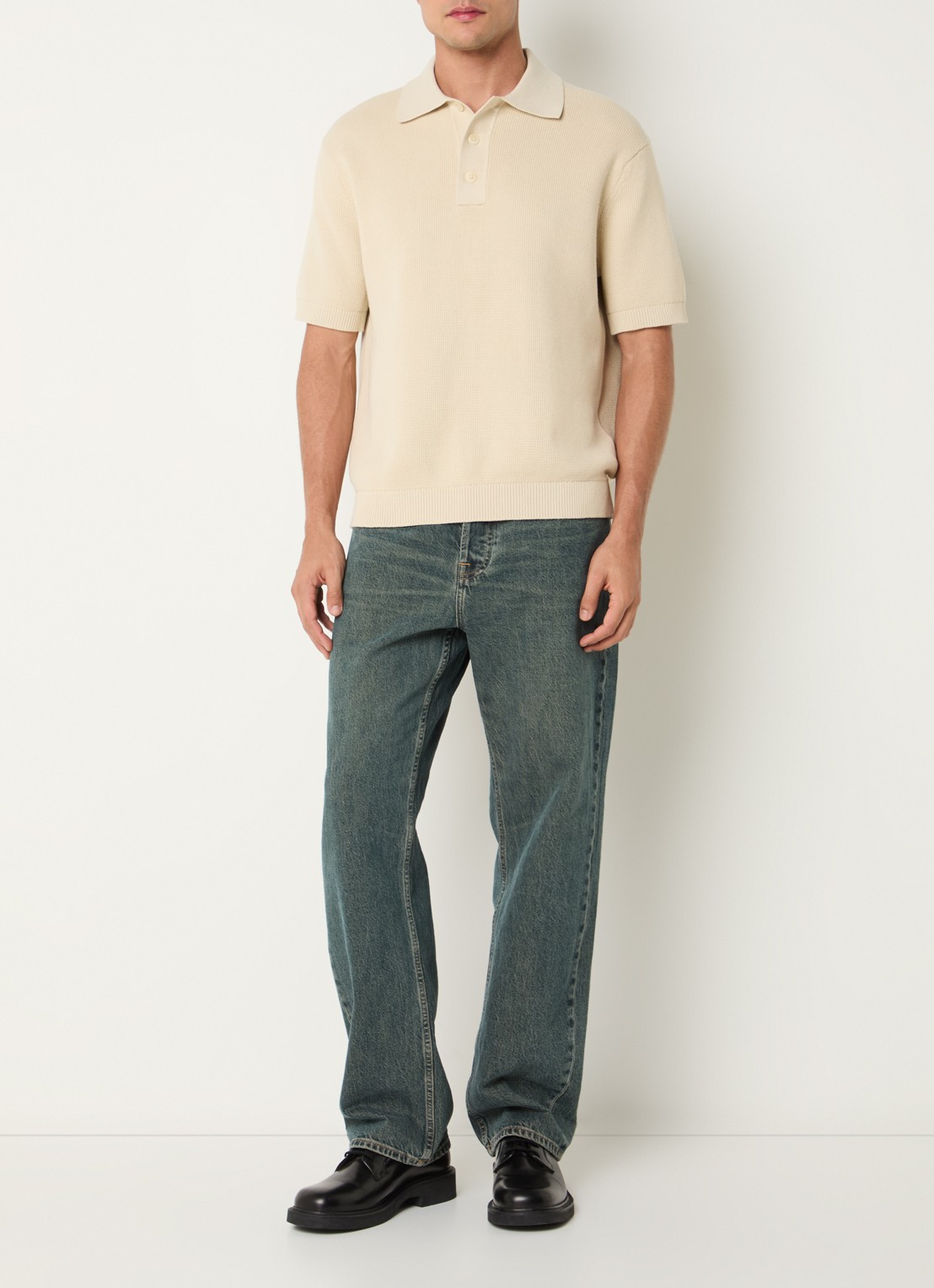 Selected Dane fijngebreide polo met stretch - voorkant 3 creme