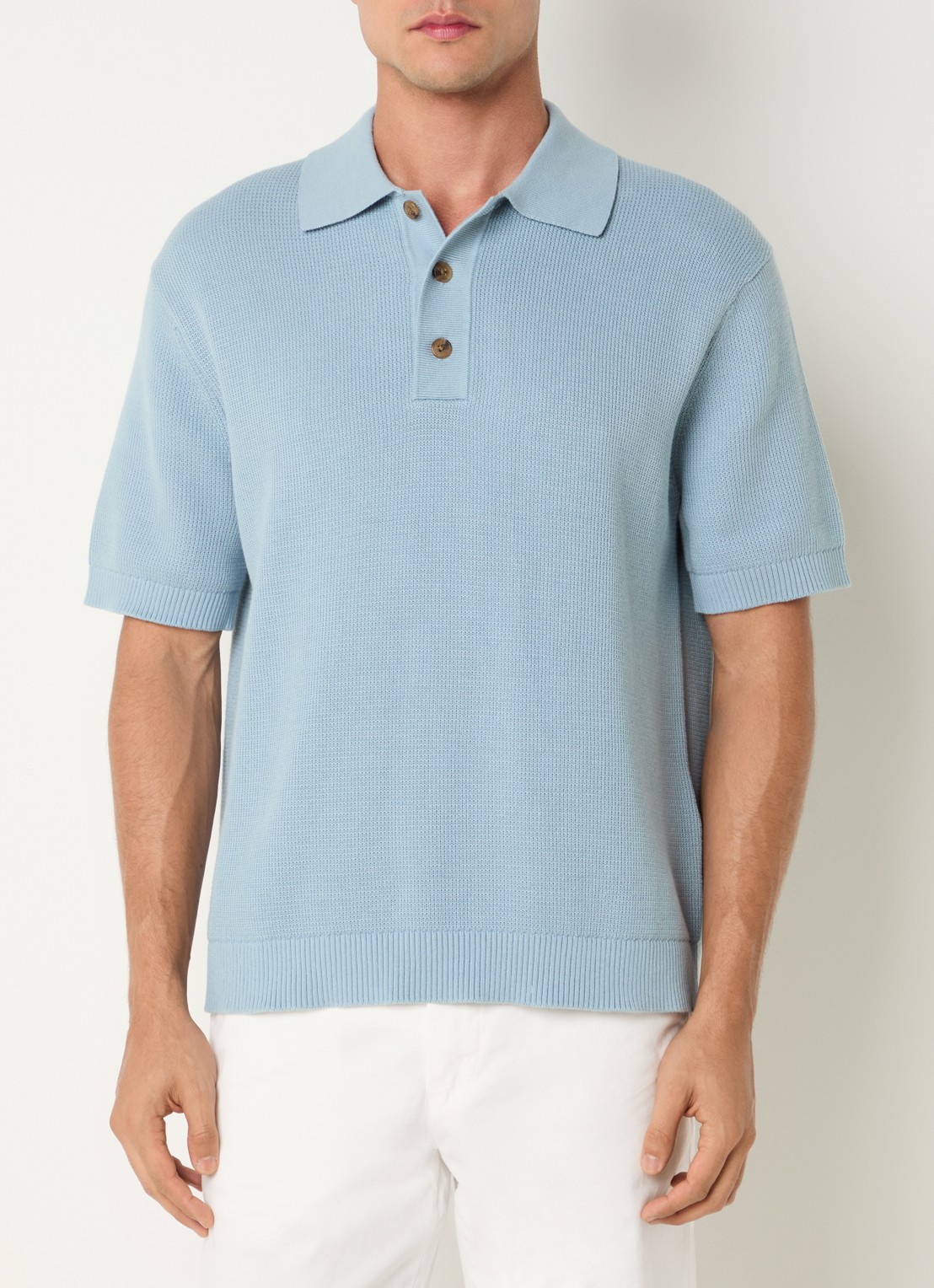 Selected Dane fijngebreide polo met stretch - detail 3 lichtblauw