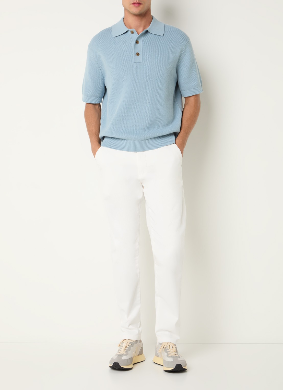 Selected Dane fijngebreide polo met stretch - voorkant 2 lichtblauw