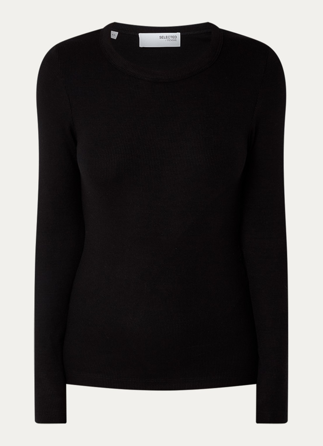 Selected Dianna longsleeve  met ribstructuur - voorkant 2 zwart