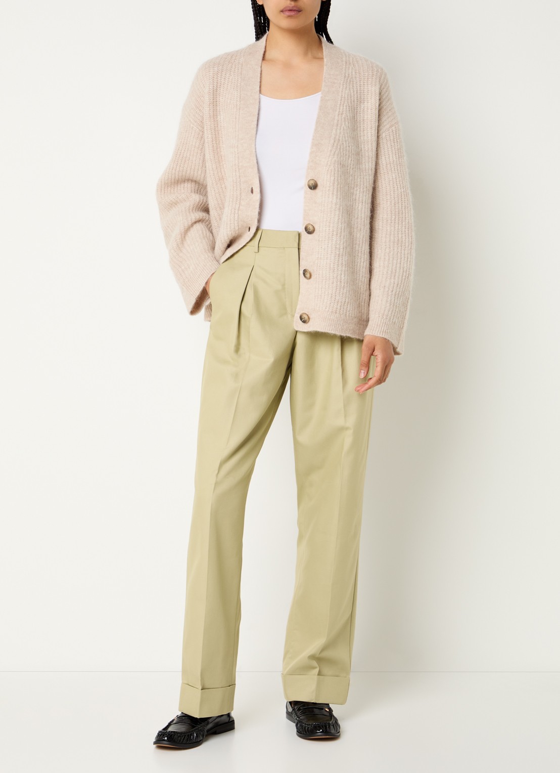Selected Dora high waist tapered fit pantalon met steekzakken - voorkant 2 beige