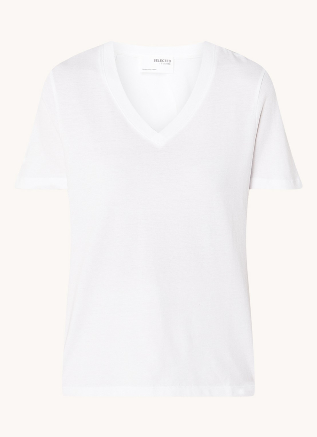 Selected Essential T-shirt van  katoen met V-hals - voorkant 3 wit