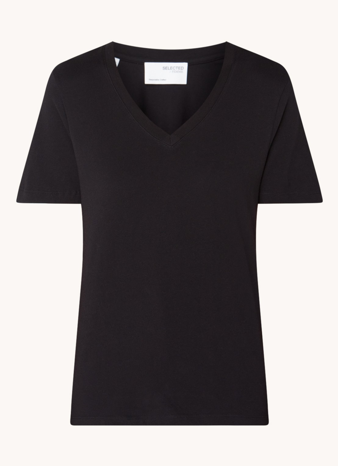 Selected Essential T-shirt van  katoen met V-hals - voorkant 3 zwart