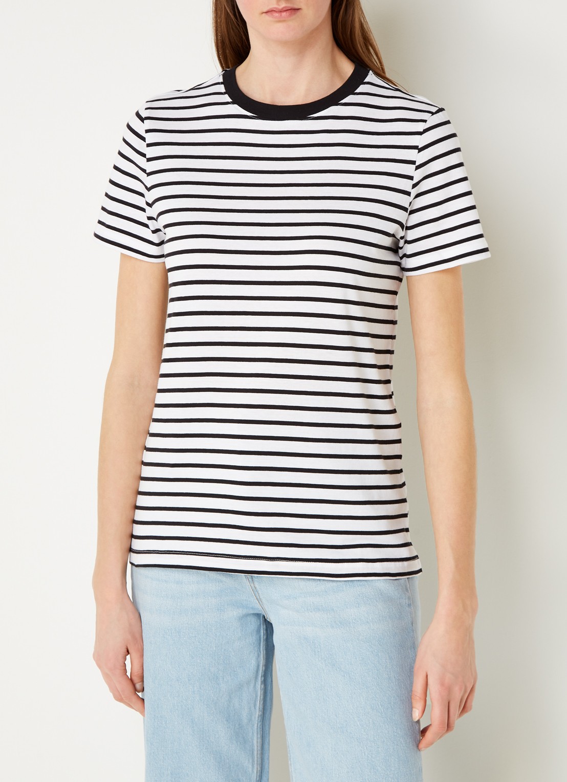 Selected Essentials T-shirt van  katoen met streepprint - detail 4 zwart