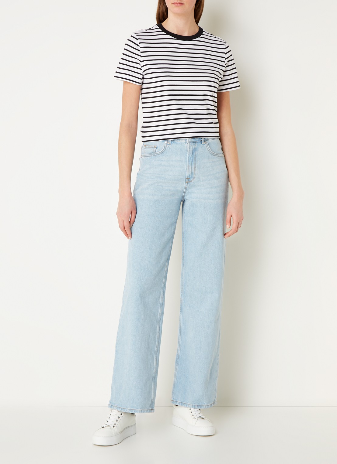 Selected Essentials T-shirt van  katoen met streepprint - voorkant 2 zwart