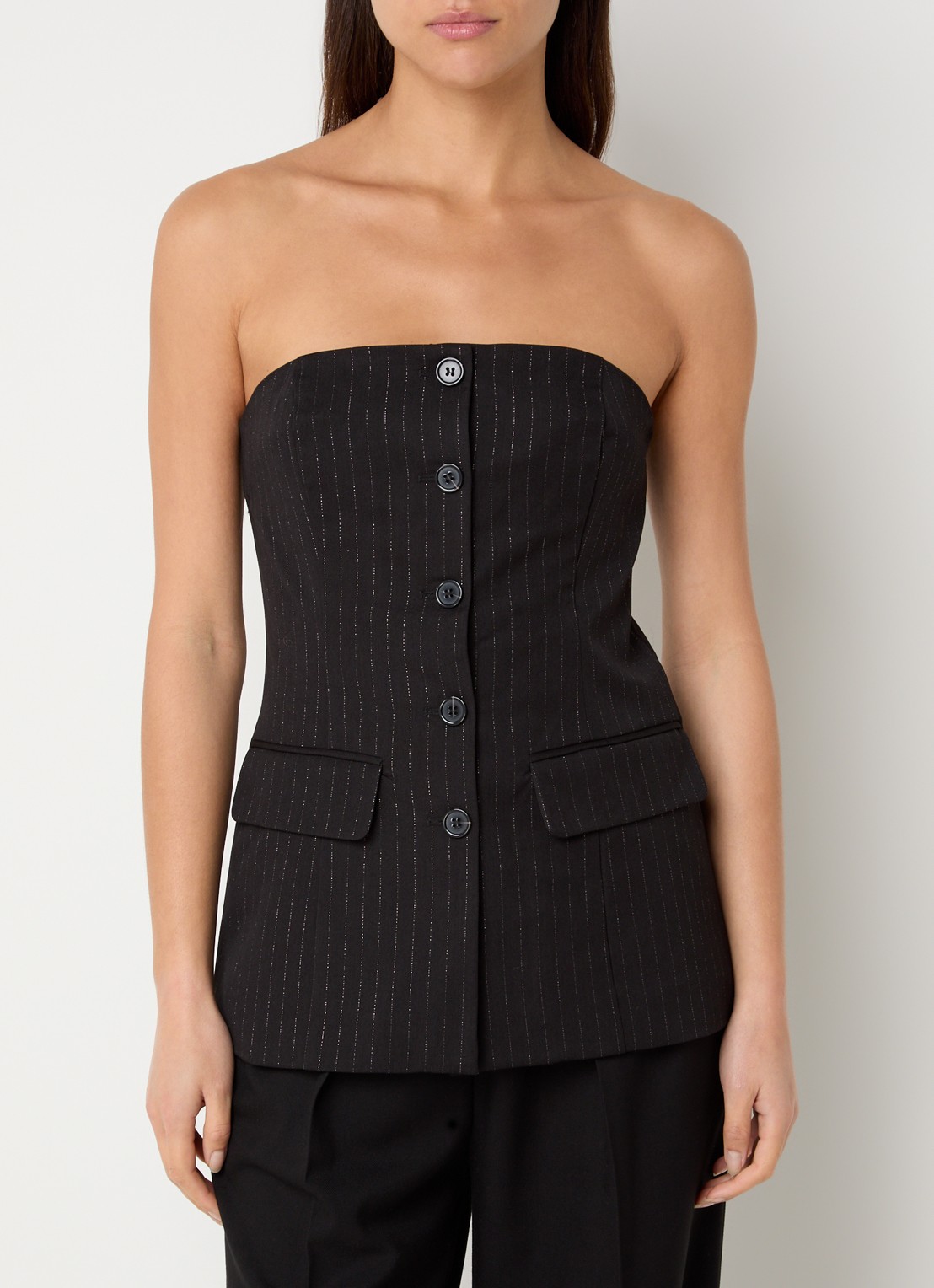 Selected Feli top met krijtstreep en glansdraad - detail zwart