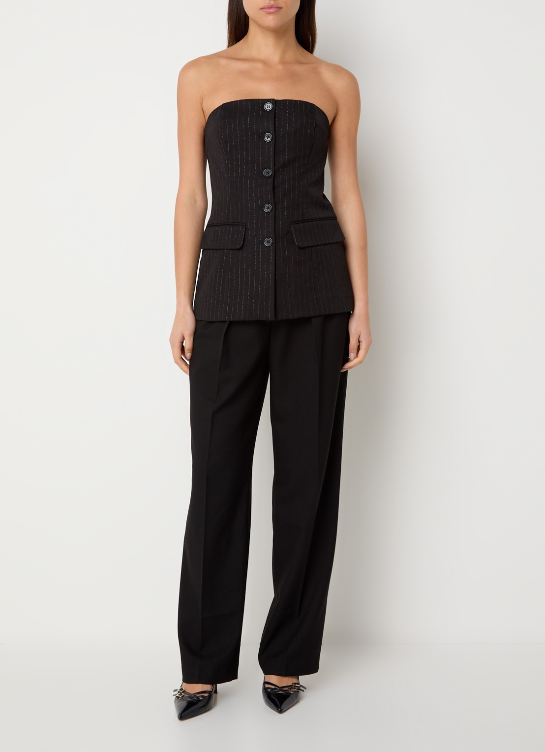 Selected Feli top met krijtstreep en glansdraad - voorkant 4 zwart