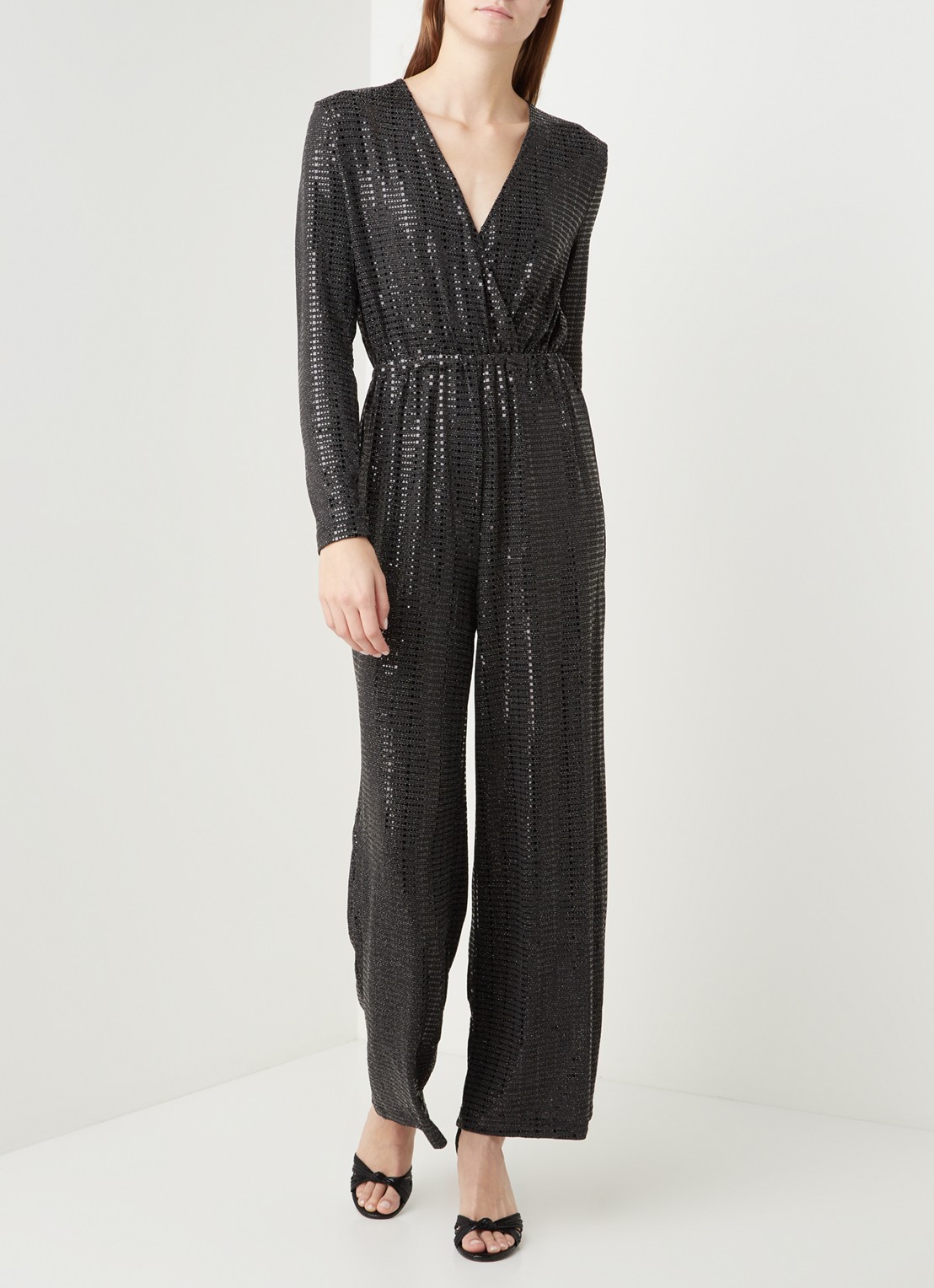 Selected Femme Sandra wide fit jumpsuit met glitter - voorkant 2 zwart