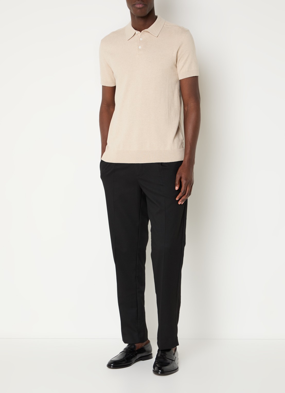 Selected Fijngebreide regular fit polo in  katoenblend - voorkant 4 creme