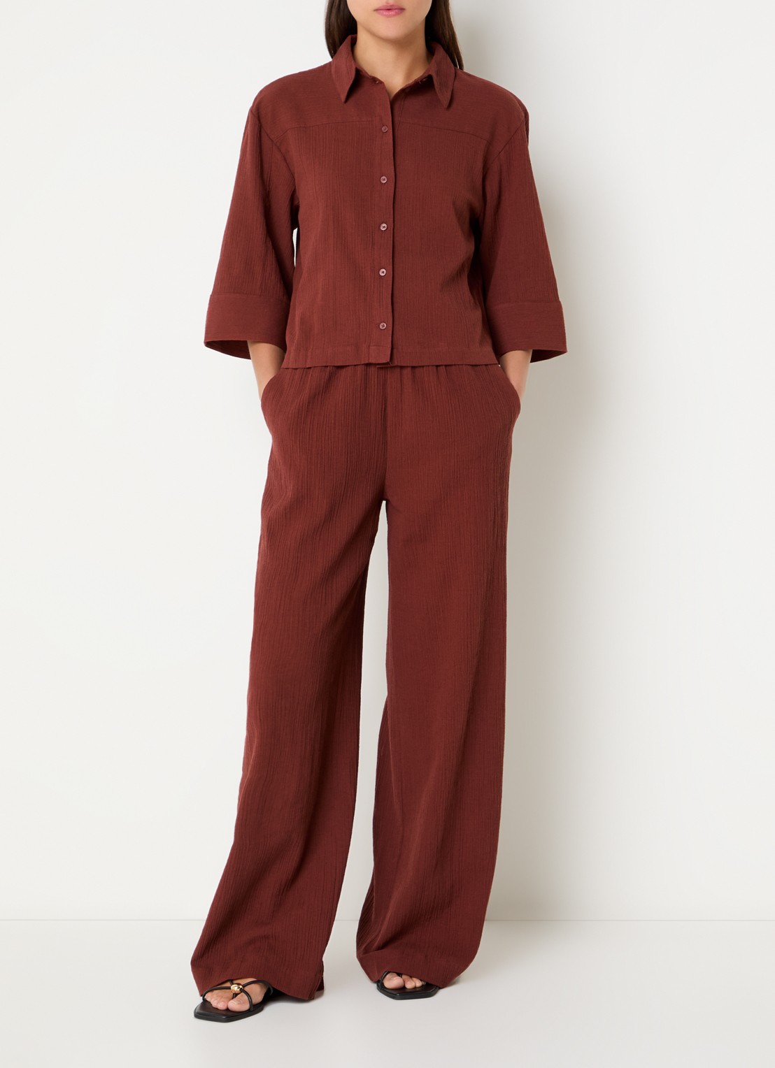 Selected Finnie high waist loose fit pantalon in linnenblend - voorkant 2 steenrood