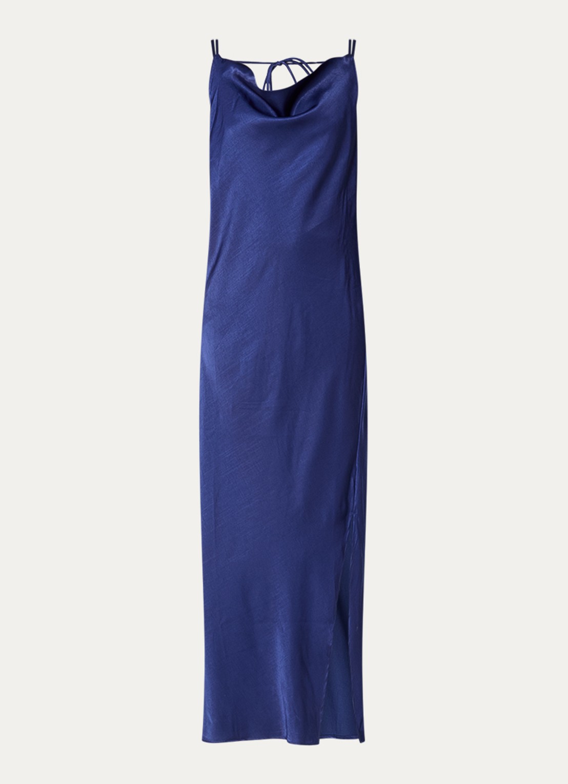 Selected Fiona maxi slip jurk van satijn met split - voorkant 3 donkerblauw