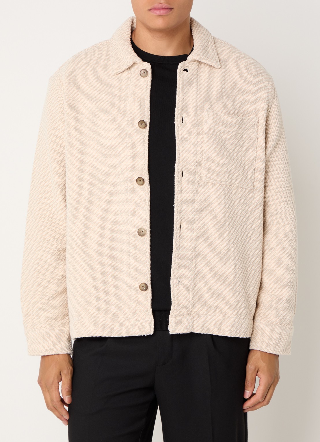 Selected Fred comfort fit overshirt met visgraatdessin en structuur - detail beige