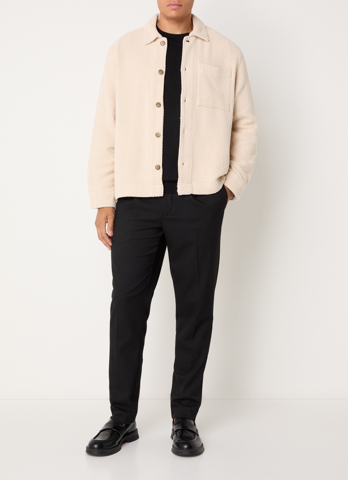 Selected Fred comfort fit overshirt met visgraatdessin en structuur - voorkant 4 beige