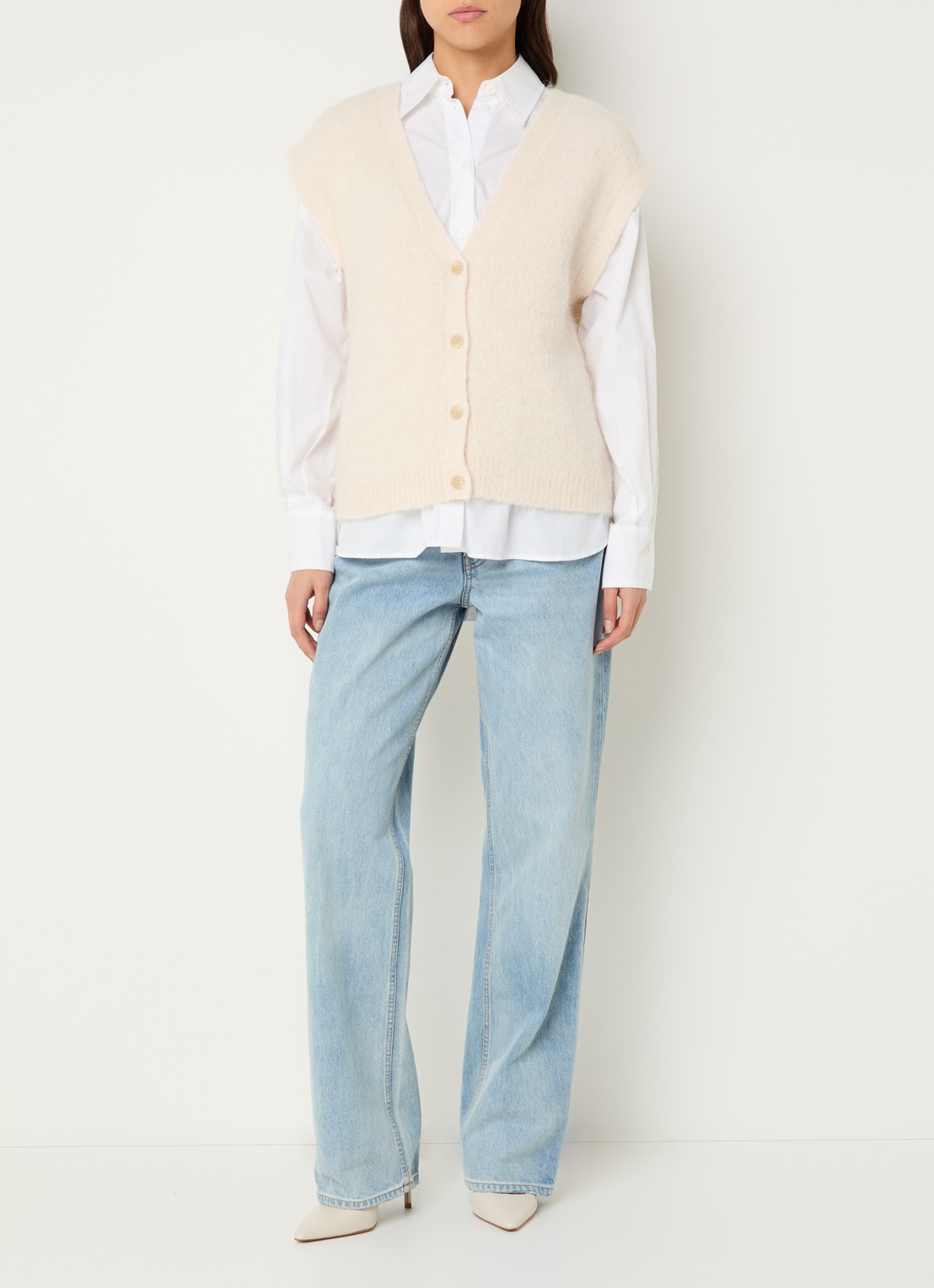 Selected Gabella grofgebreid gilet in alpaca wolblend - voorkant 3 creme
