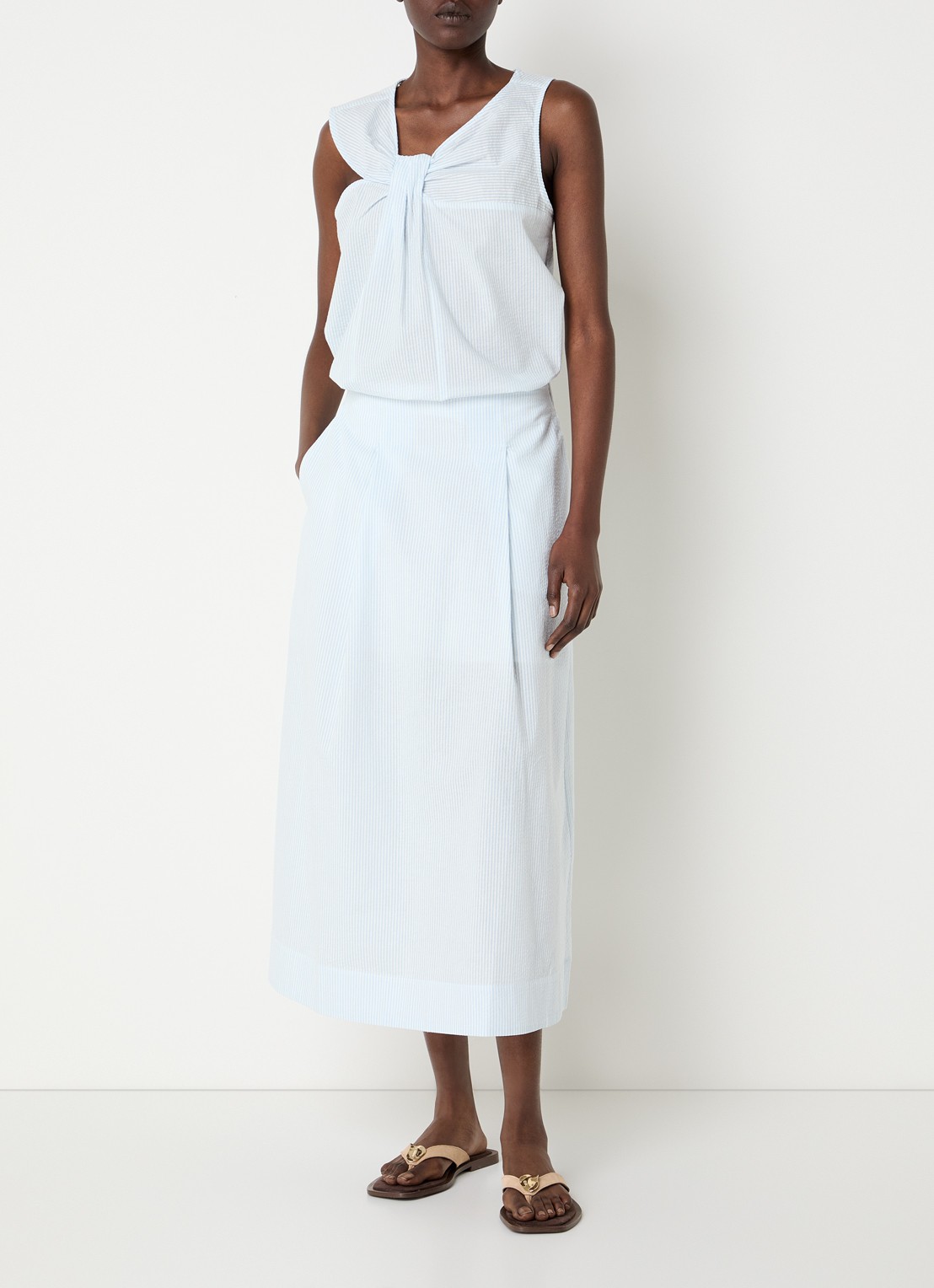 Selected Hannah midi rok met streepprint en steekzakken - voorkant 3 lichtblauw