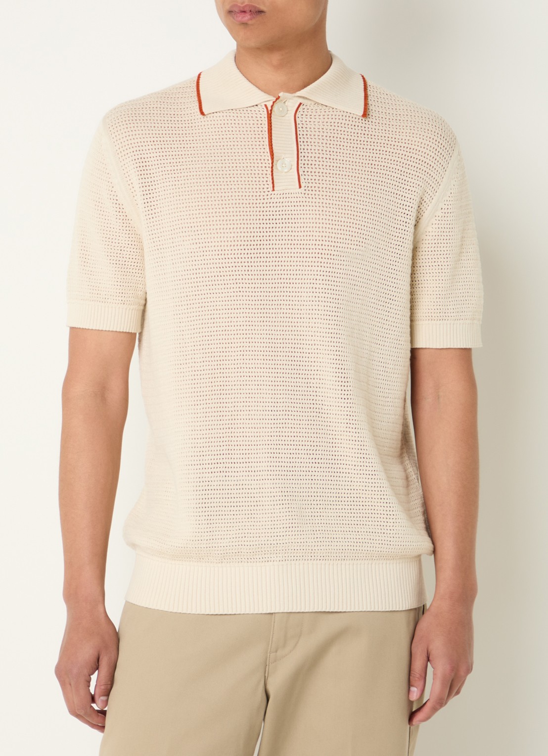 Selected Jesse regular fit polo met opengewerkt dessin - detail creme
