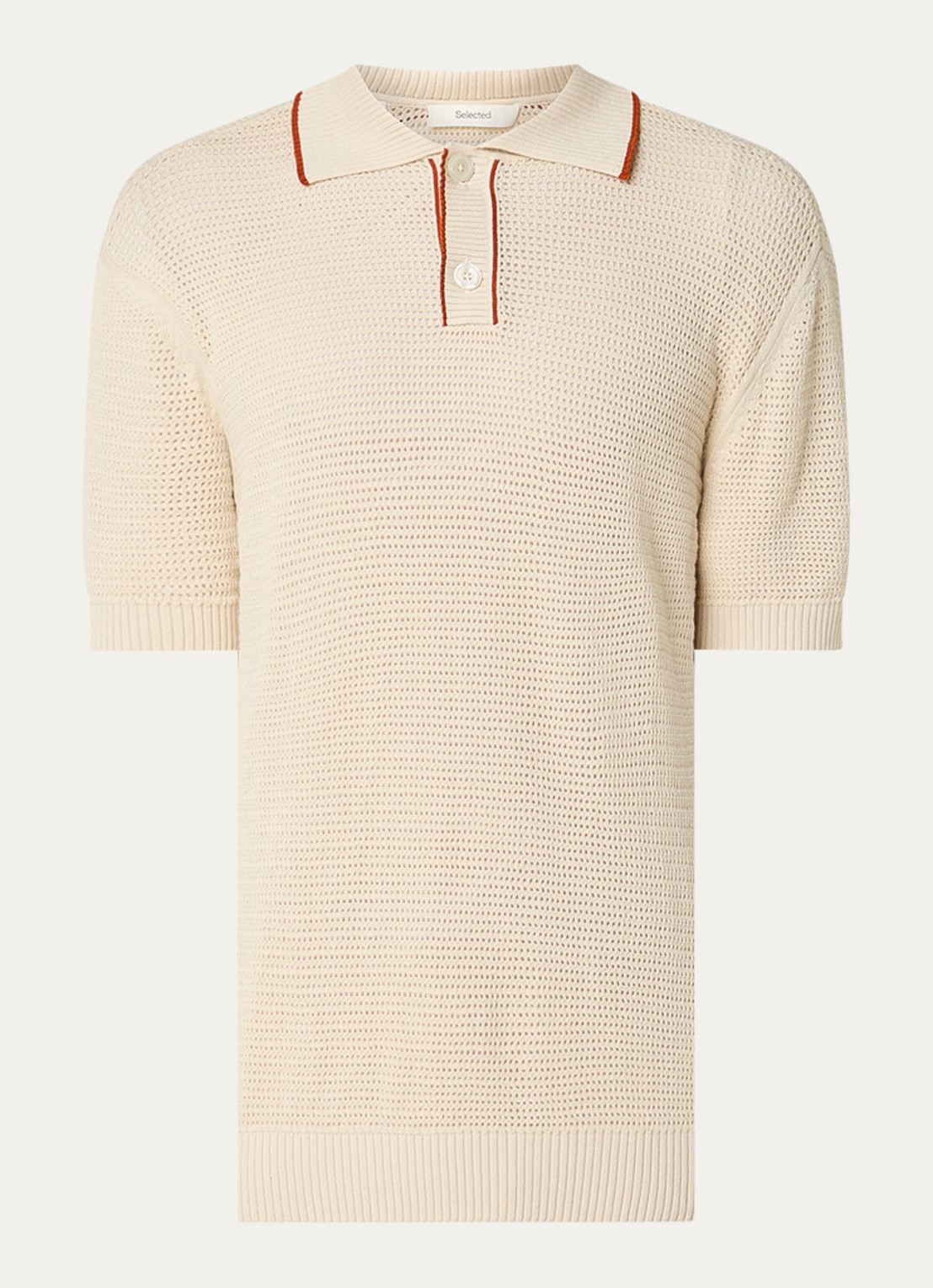 Selected Jesse regular fit polo met opengewerkt dessin - voorkant 2 creme