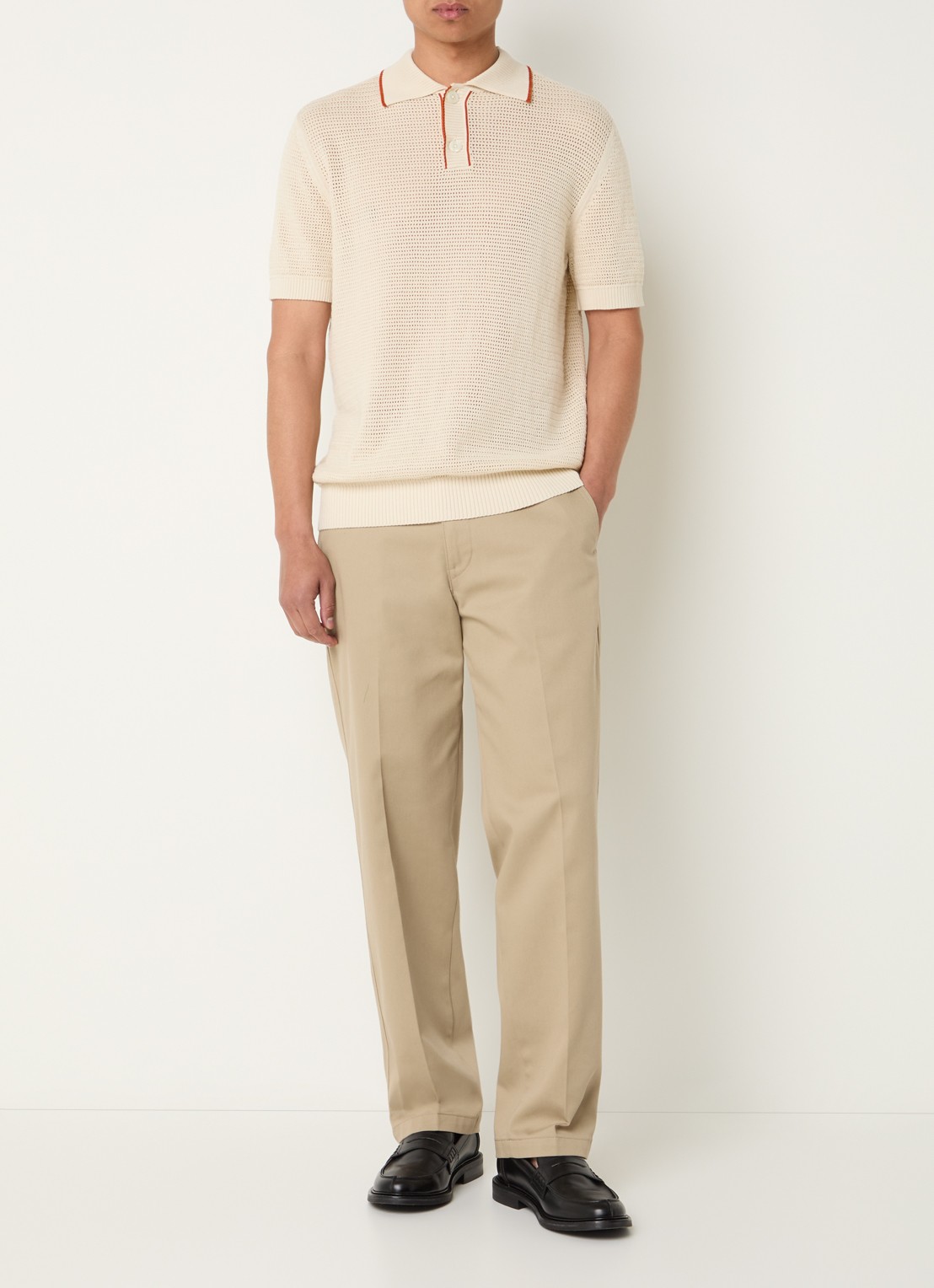 Selected Jesse regular fit polo met opengewerkt dessin - voorkant 3 creme