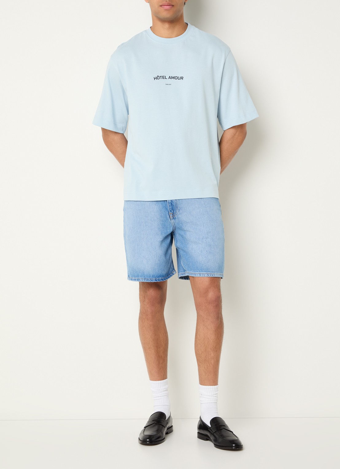 Selected Liam T-shirt met front- en backprint - voorkant 3 lichtblauw