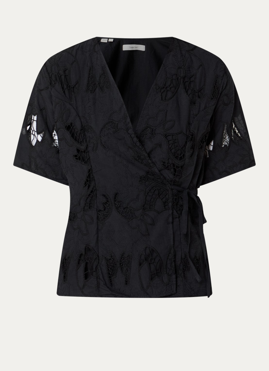 Selected Lola wikkeltop met broderie - voorkant 2 zwart
