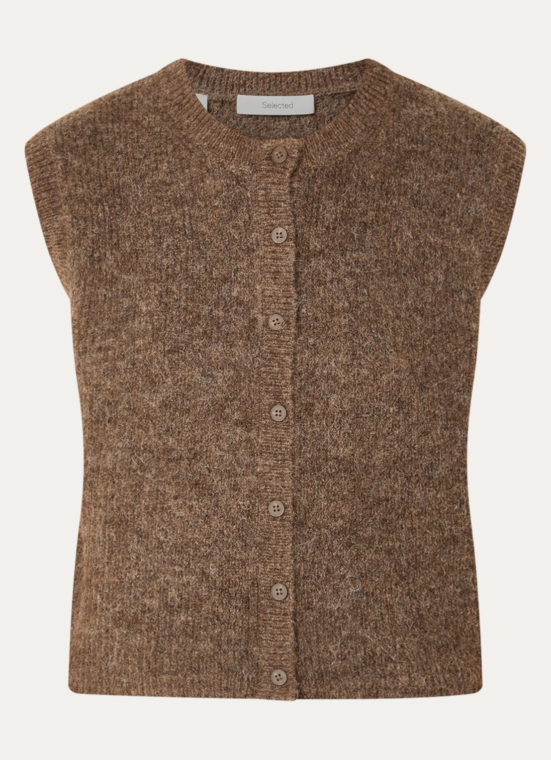 Selected Lulu fijngebreid gilet in wolblend met ronde hals - voorkant 3 lichtbruin