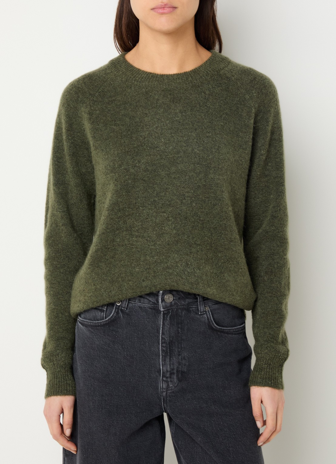 Selected Lulu fijngebreide pullover in wolblend - detail olijfgroen