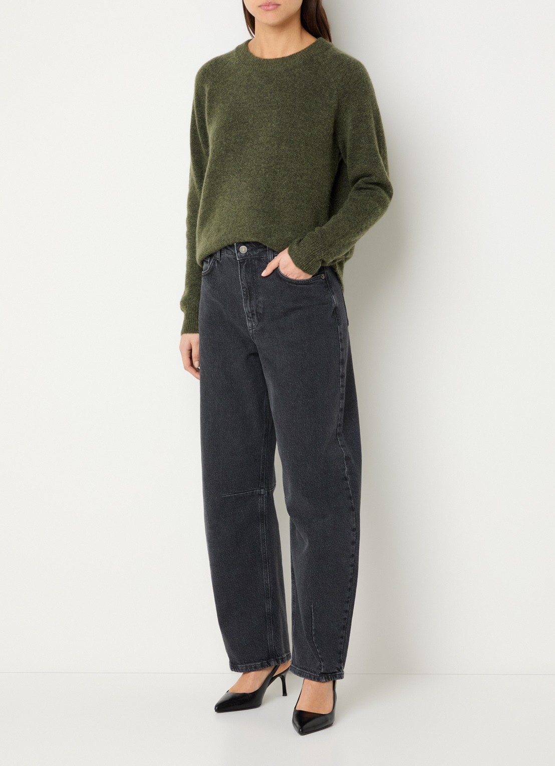 Selected Lulu fijngebreide pullover in wolblend - voorkant 3 olijfgroen