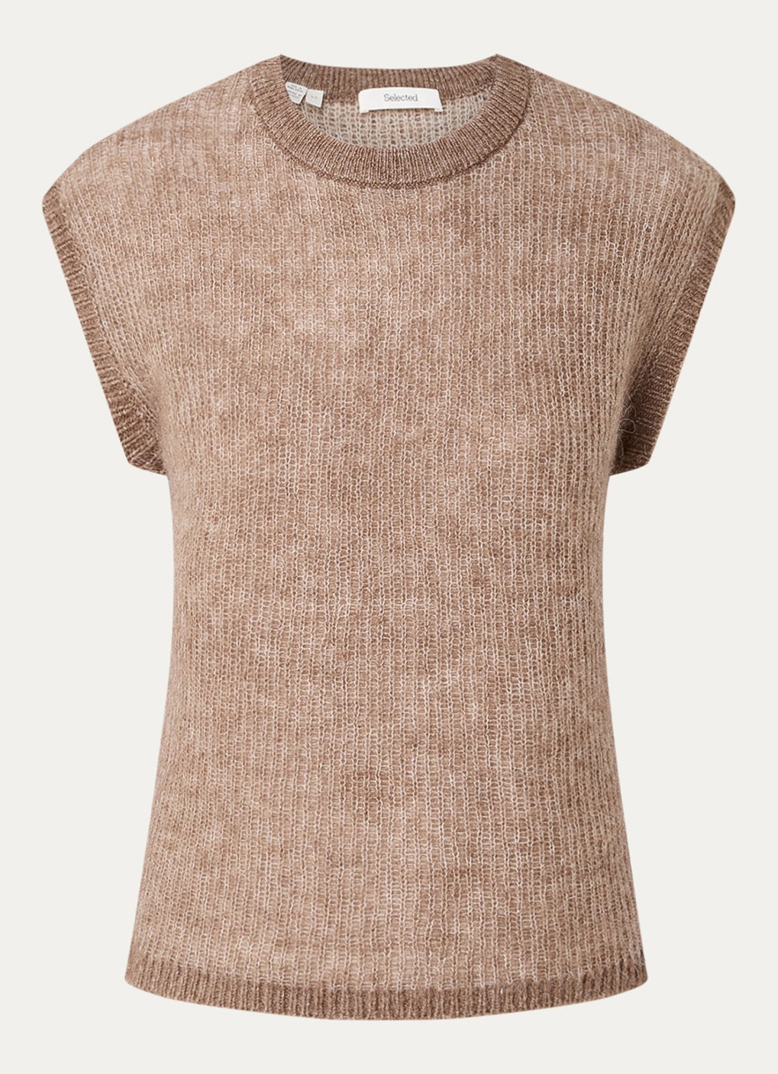 Selected Lulu grofgebreide mouwloze top in wolblend - voorkant 3 donkerbeige