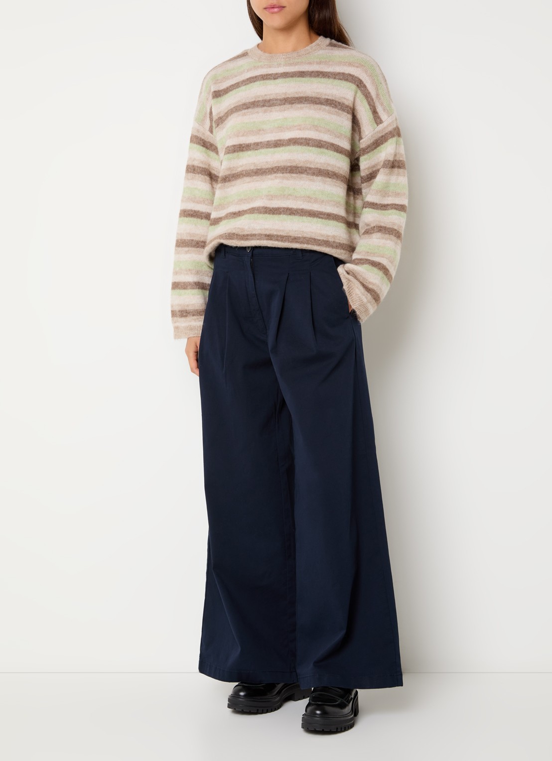 Selected Lulu grofgebreide trui in alpaca wolblend met streepprint - voorkant 3 donkerbeige