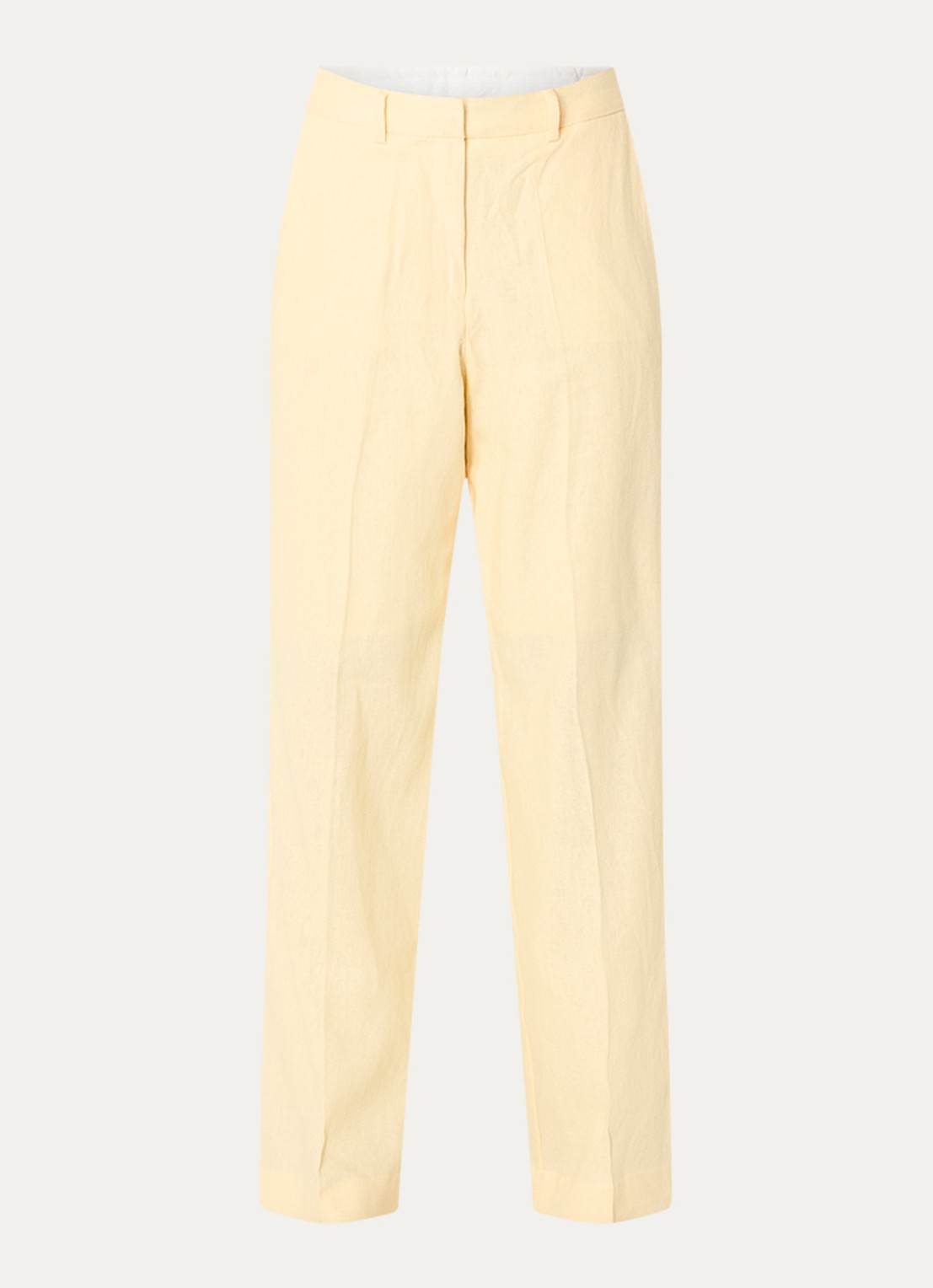 Selected Marlie high waist straight fit pantalon in linnenblend met paspelzakken - voorkant lichtgeel