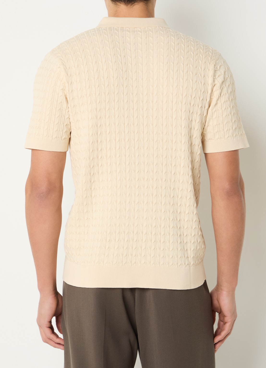 Selected Mattis kabelgebreide polo met opengewerkt dessin - achterkant 4 beige
