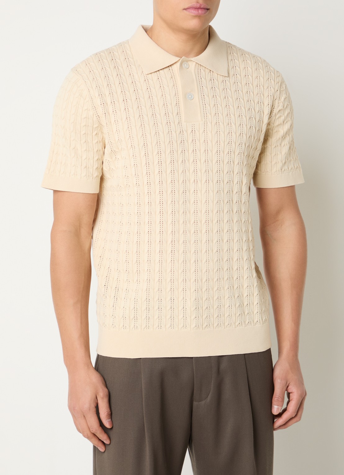 Selected Mattis kabelgebreide polo met opengewerkt dessin - detail 3 beige