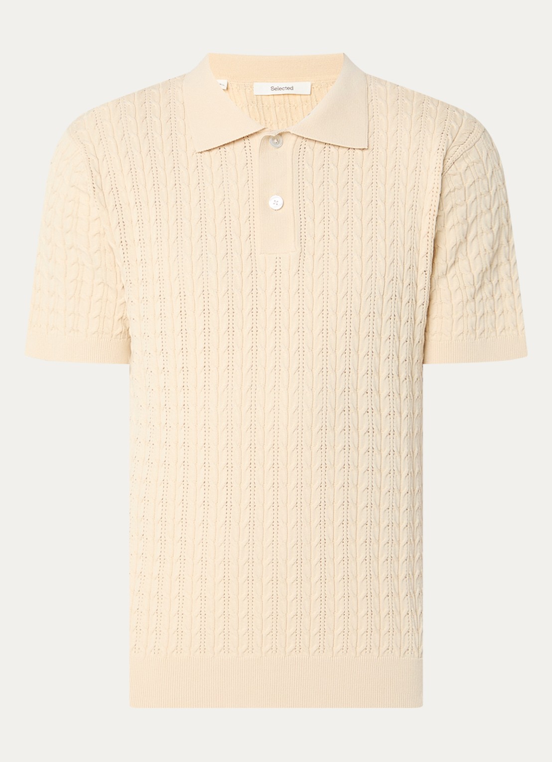 Selected Mattis kabelgebreide polo met opengewerkt dessin - voorkant beige