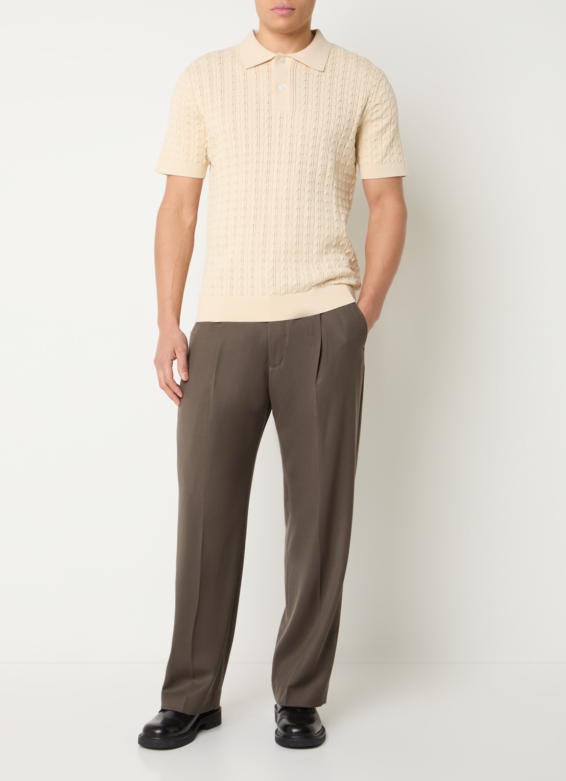 Selected Mattis kabelgebreide polo met opengewerkt dessin - voorkant 2 beige