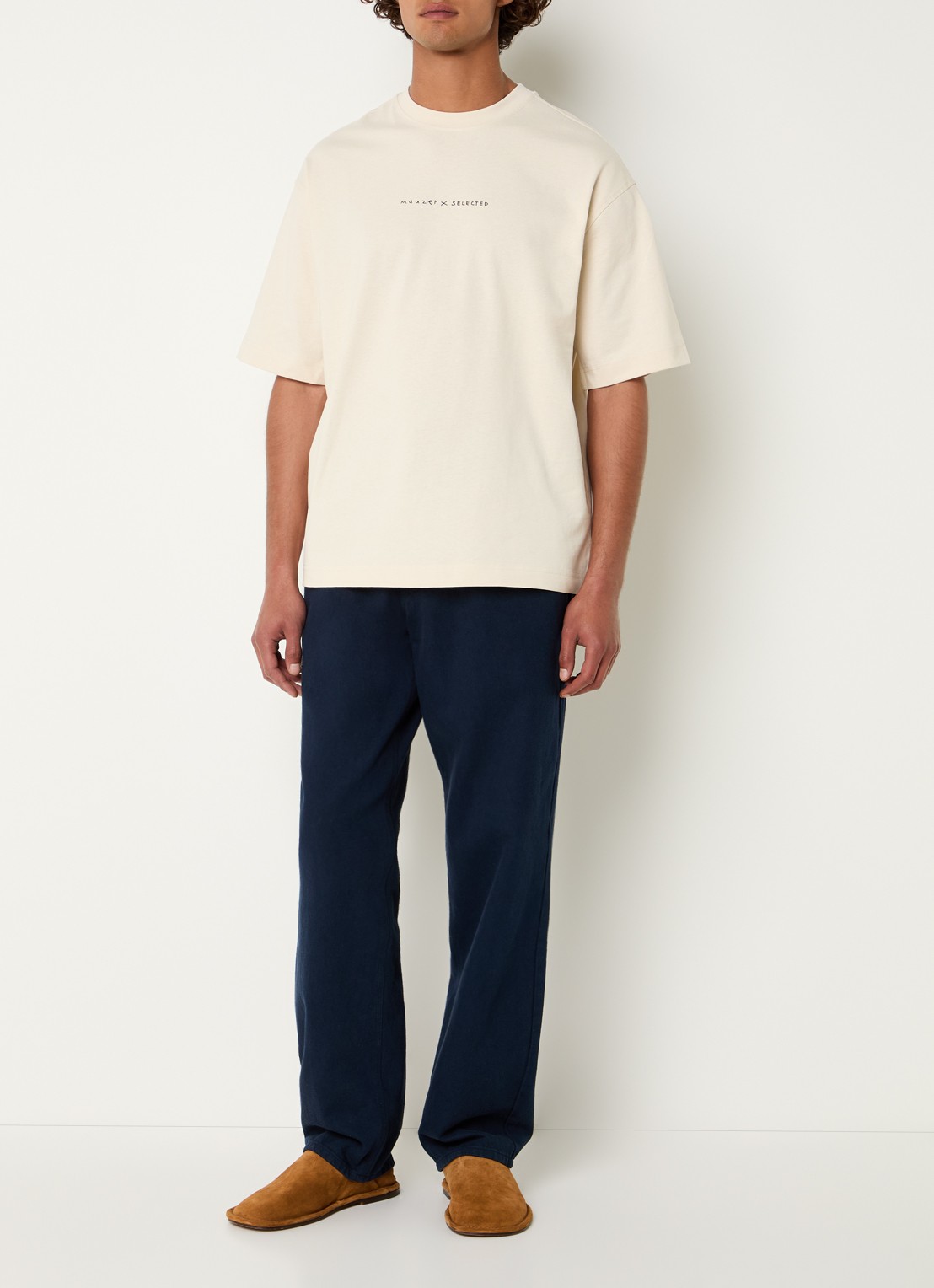 Selected Norman T-shirt met logo- en backprint - voorkant 4 beige