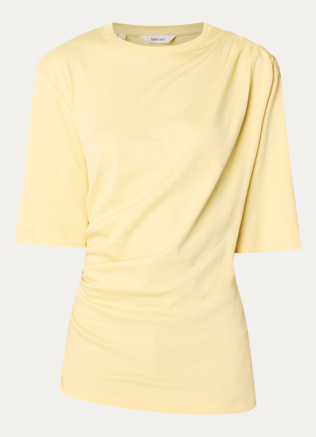 Selected Oline T-shirt met plooidetail en asymmetrische zoom - voorkant 2 lichtgeel