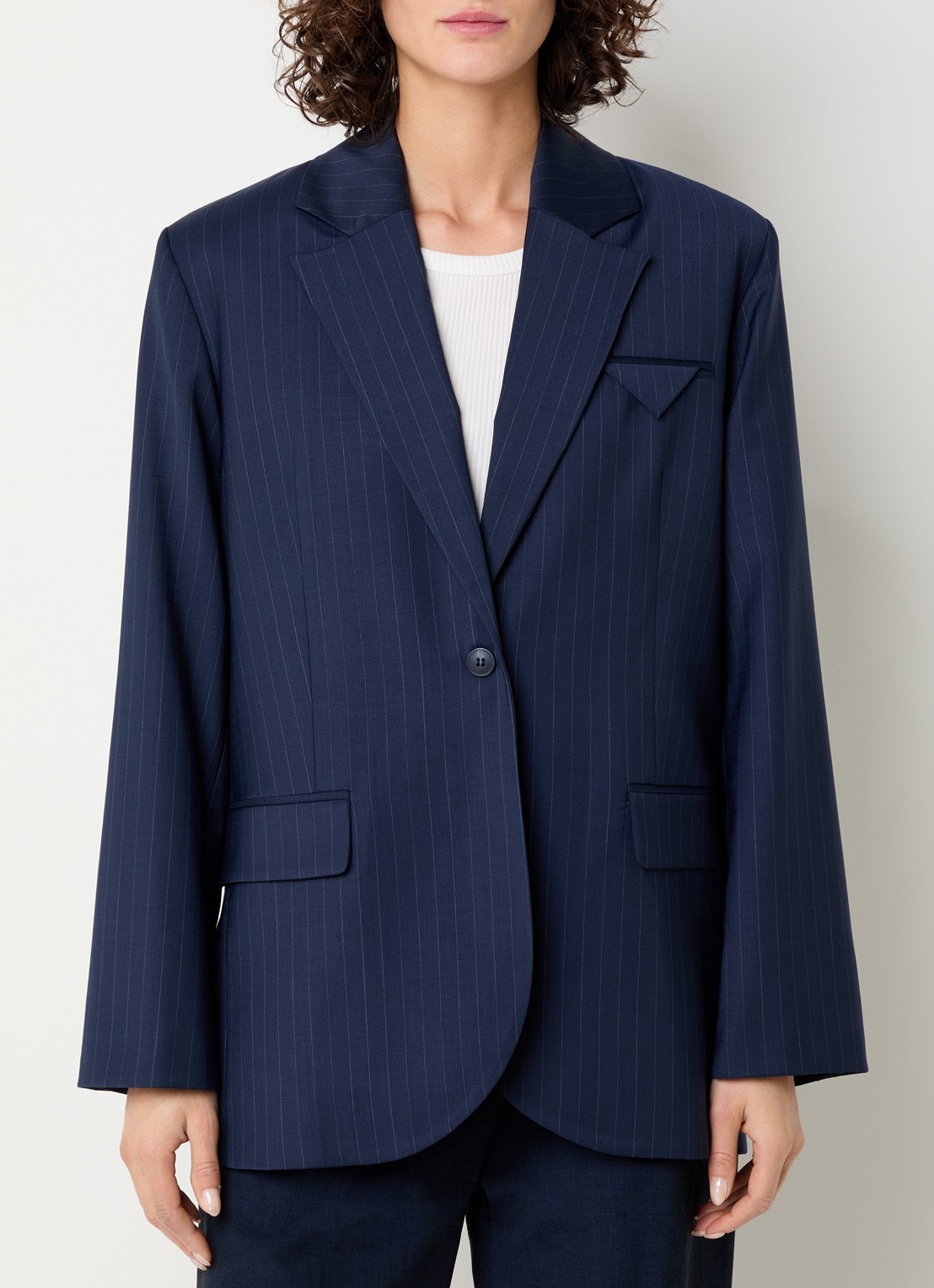 Selected Sanne blazer in wolblend met schoudervulling en streepprint - detail 2 donkerblauw