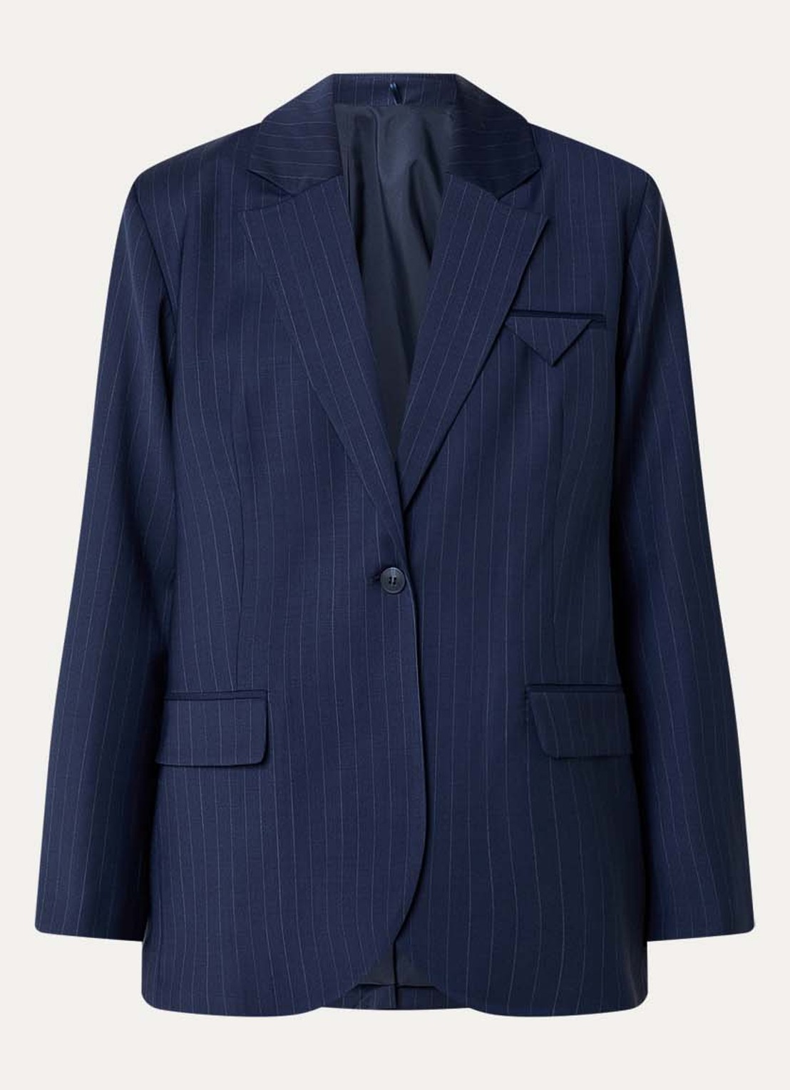 Selected Sanne blazer in wolblend met schoudervulling en streepprint - voorkant 3 donkerblauw